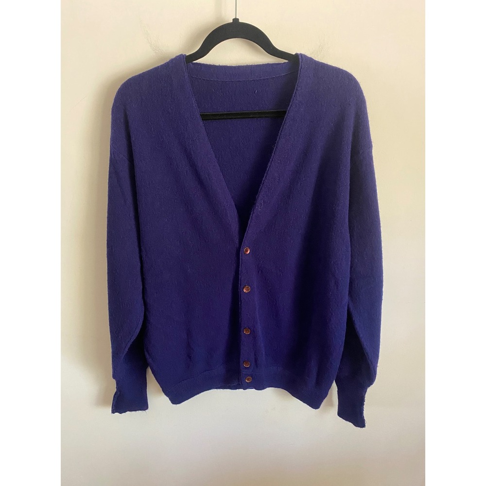 Vintage Purple Orlon Acrylic V-Neck Button Front Cardigan Sweater Mens XL